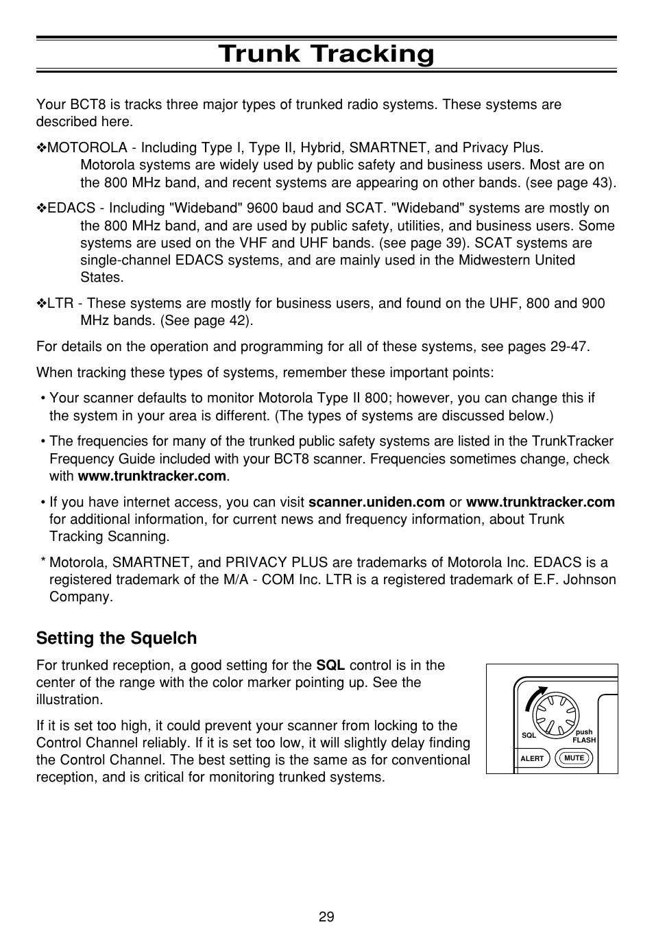 Trunk tracking, Setting the squelch | Uniden BCT8 User Manual | Page 33 / 68