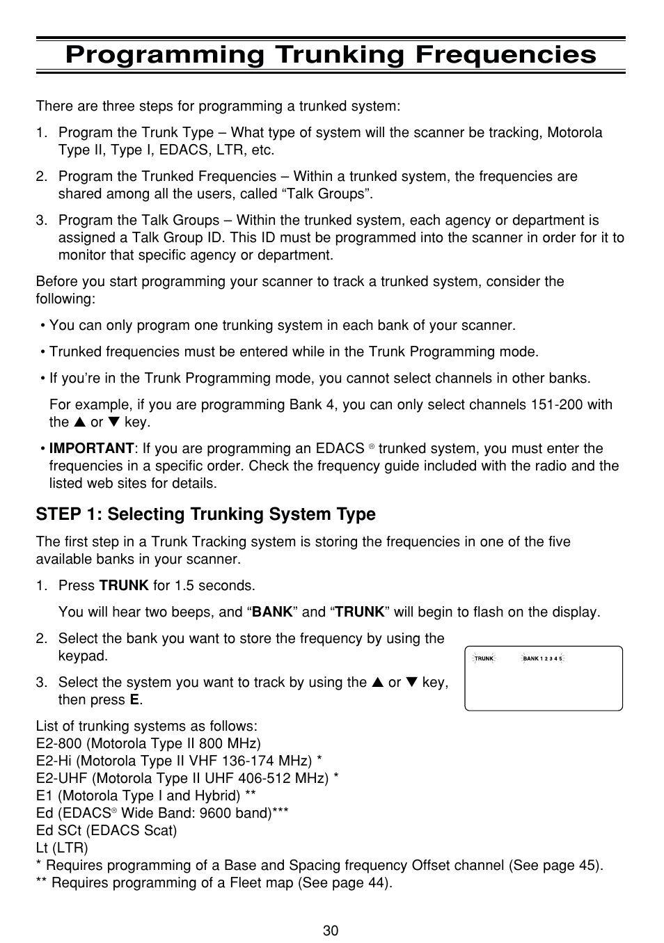 Programming trunking frequencies, Step 1: selecting trunking system type | Uniden BCT8 User Manual | Page 34 / 68