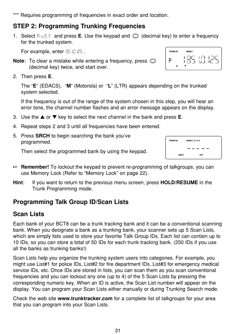 Step 2: programming trunking frequencies, Programming talk group id/scan lists scan lists | Uniden BCT8 User Manual | Page 35 / 68