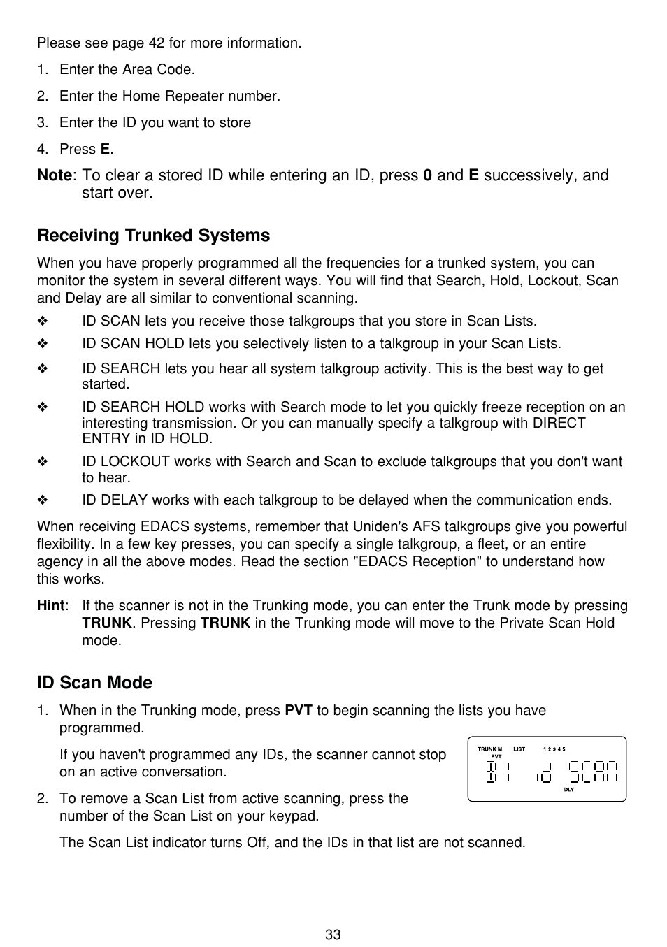 Receiving trunked systems, Id scan mode | Uniden BCT8 User Manual | Page 37 / 68