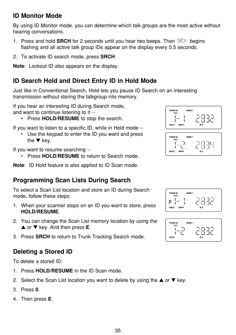 Id monitor mode, Id search hold and direct entry id in hold mode, Programming scan lists during search | Deleting a stored id | Uniden BCT8 User Manual | Page 39 / 68