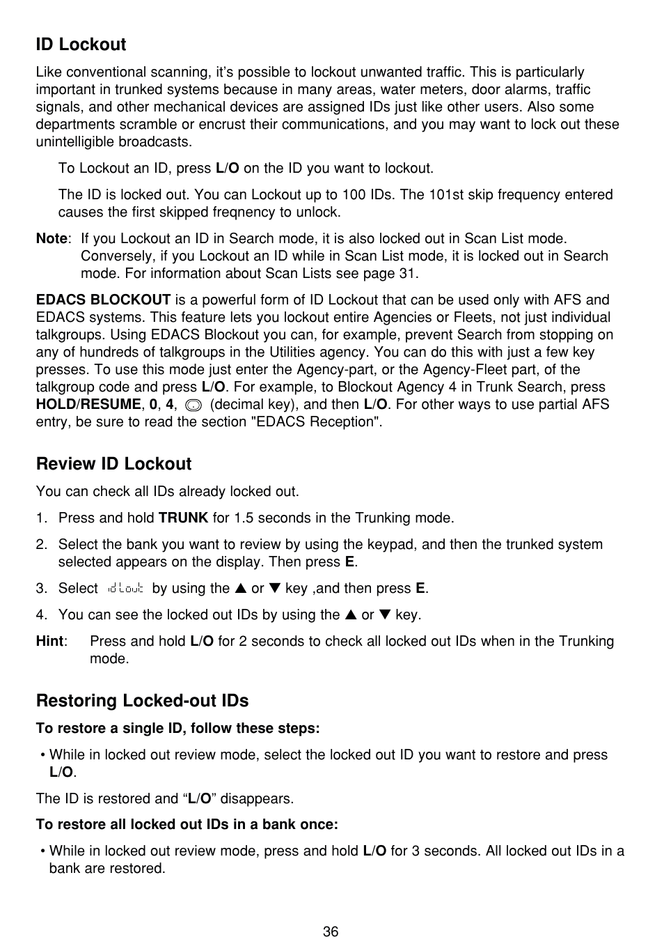 Id lockout, Review id lockout, Restoring locked-out ids | Uniden BCT8 User Manual | Page 40 / 68