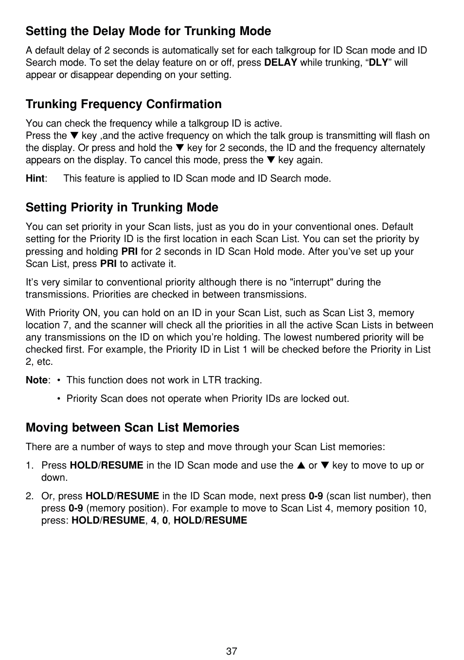 Setting the delay mode for trunking mode, Trunking frequency confirmation, Setting priority in trunking mode | Uniden BCT8 User Manual | Page 41 / 68
