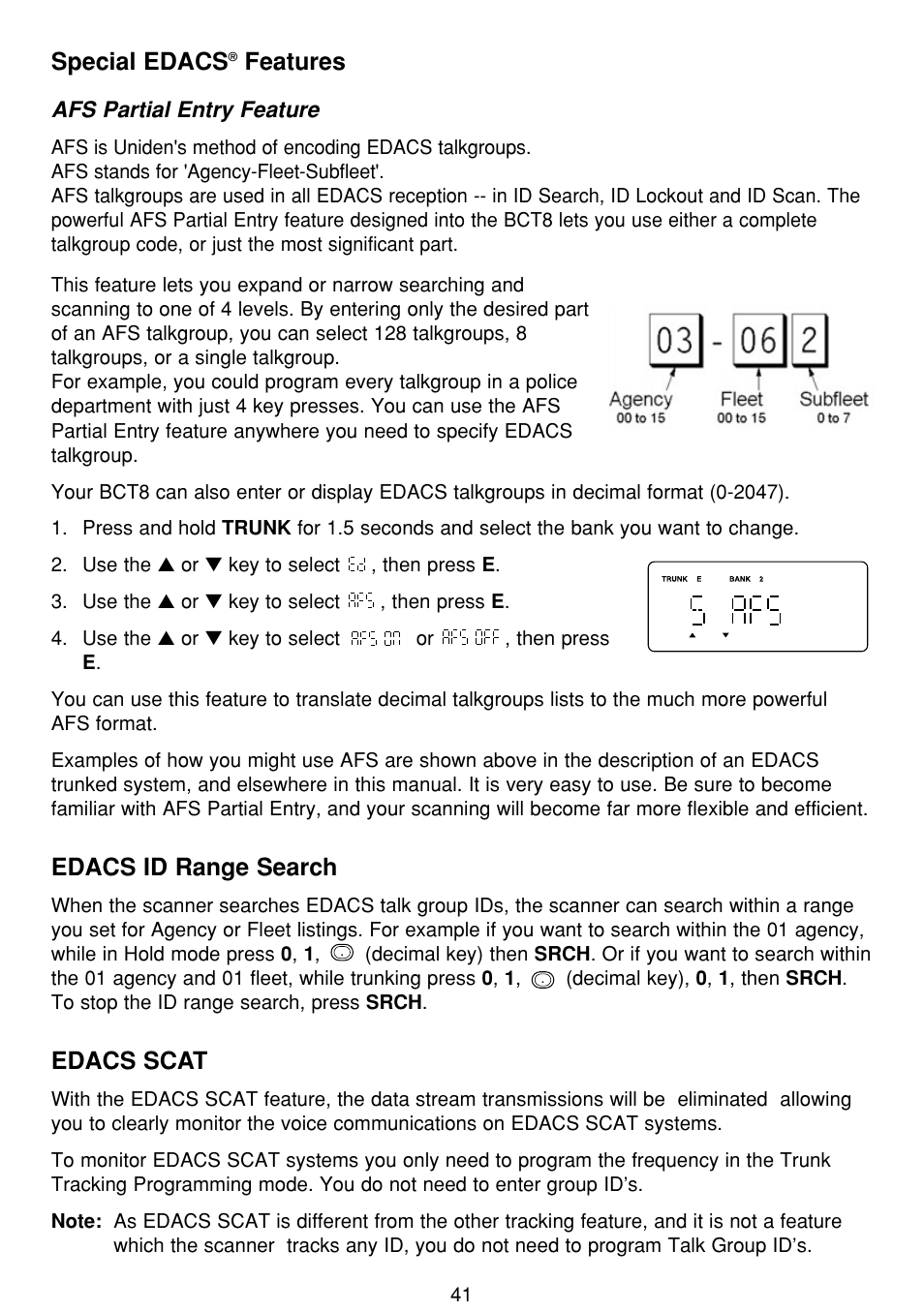 Special edacs, Features, Edacs id range search | Edacs scat | Uniden BCT8 User Manual | Page 45 / 68