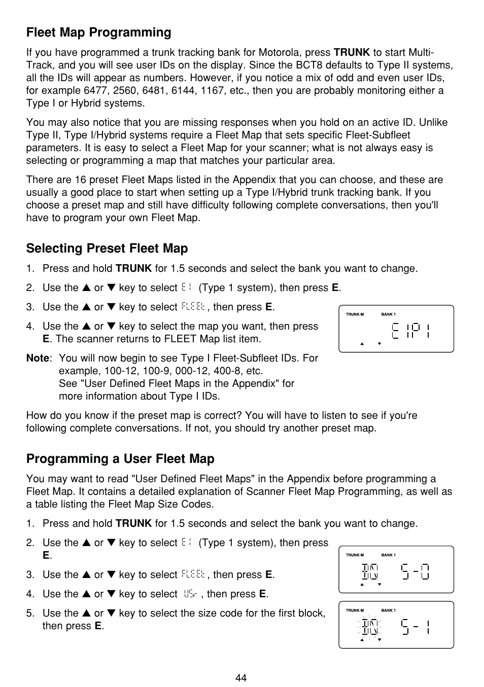 Fleet map programming, Selecting preset fleet map, Programming a user fleet map | Uniden BCT8 User Manual | Page 48 / 68