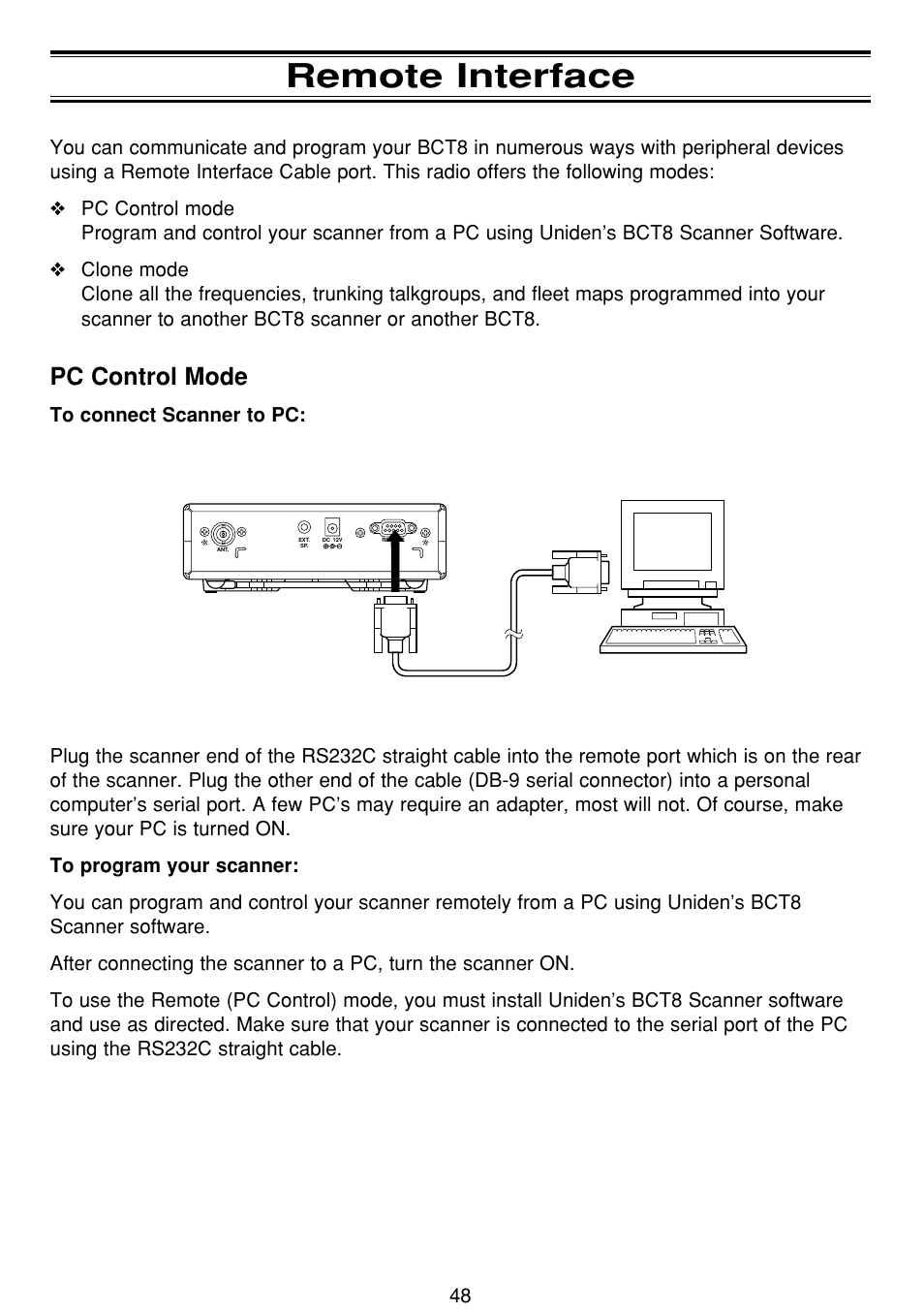Remote interface, Pc control mode | Uniden BCT8 User Manual | Page 52 / 68