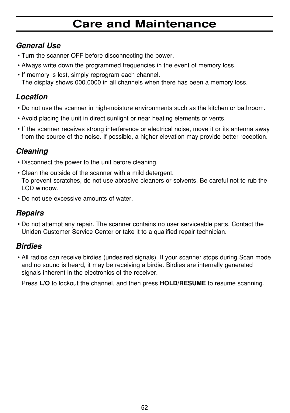 Care and maintenance | Uniden BCT8 User Manual | Page 56 / 68