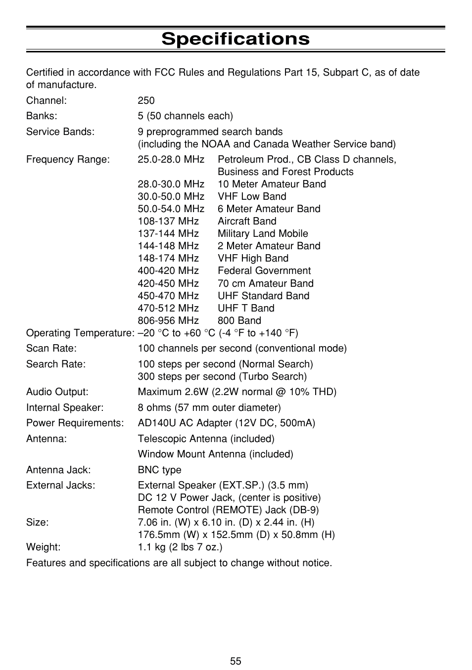 Specifications | Uniden BCT8 User Manual | Page 59 / 68