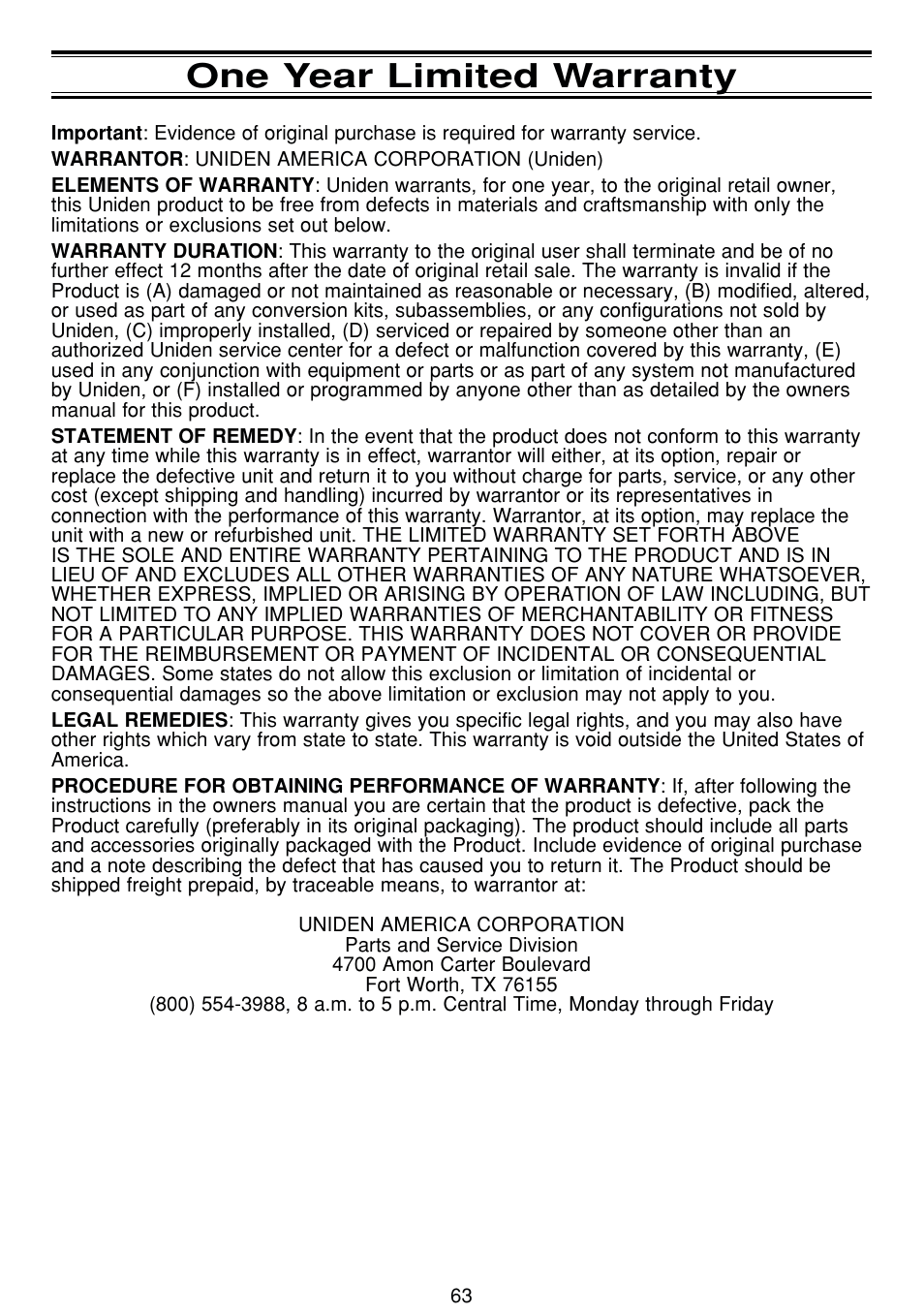 One year limited warranty | Uniden BCT8 User Manual | Page 67 / 68