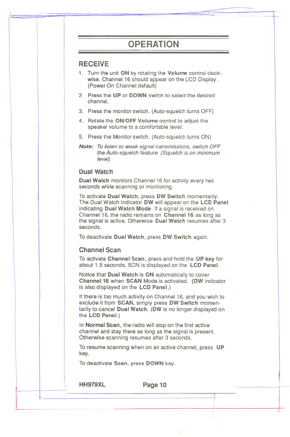 Operation, Receive, Dual watch | Channel scan, Hh979xl, Channei scan | Uniden HH979XL User Manual | Page 12 / 32