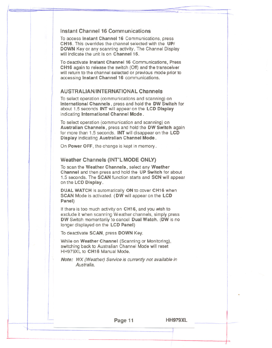 Instant channel 16 communications, Australian/international channels, Weather channels (int’lmode only) | Hh979xl, Austraiian/internationai channels | Uniden HH979XL User Manual | Page 13 / 32