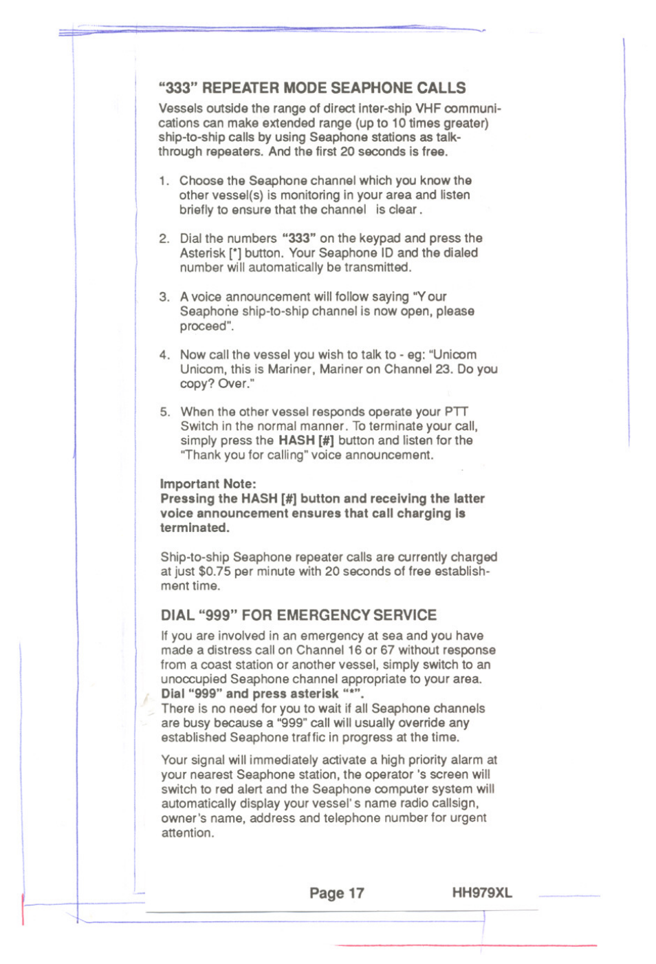 333" repeater mode seaphone calls, Dial “999” for emergency service | Uniden HH979XL User Manual | Page 19 / 32