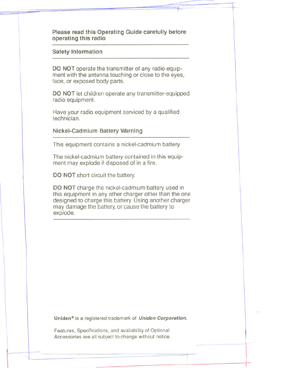 Safety information, Nickel-cadmium battery warning | Uniden HH979XL User Manual | Page 2 / 32