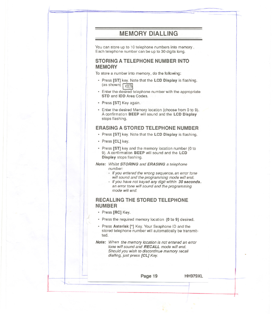 Memory dialling, Storing a telephone number into memory, Erasing a stored telephone number | Recalling the stored telephone number | Uniden HH979XL User Manual | Page 21 / 32