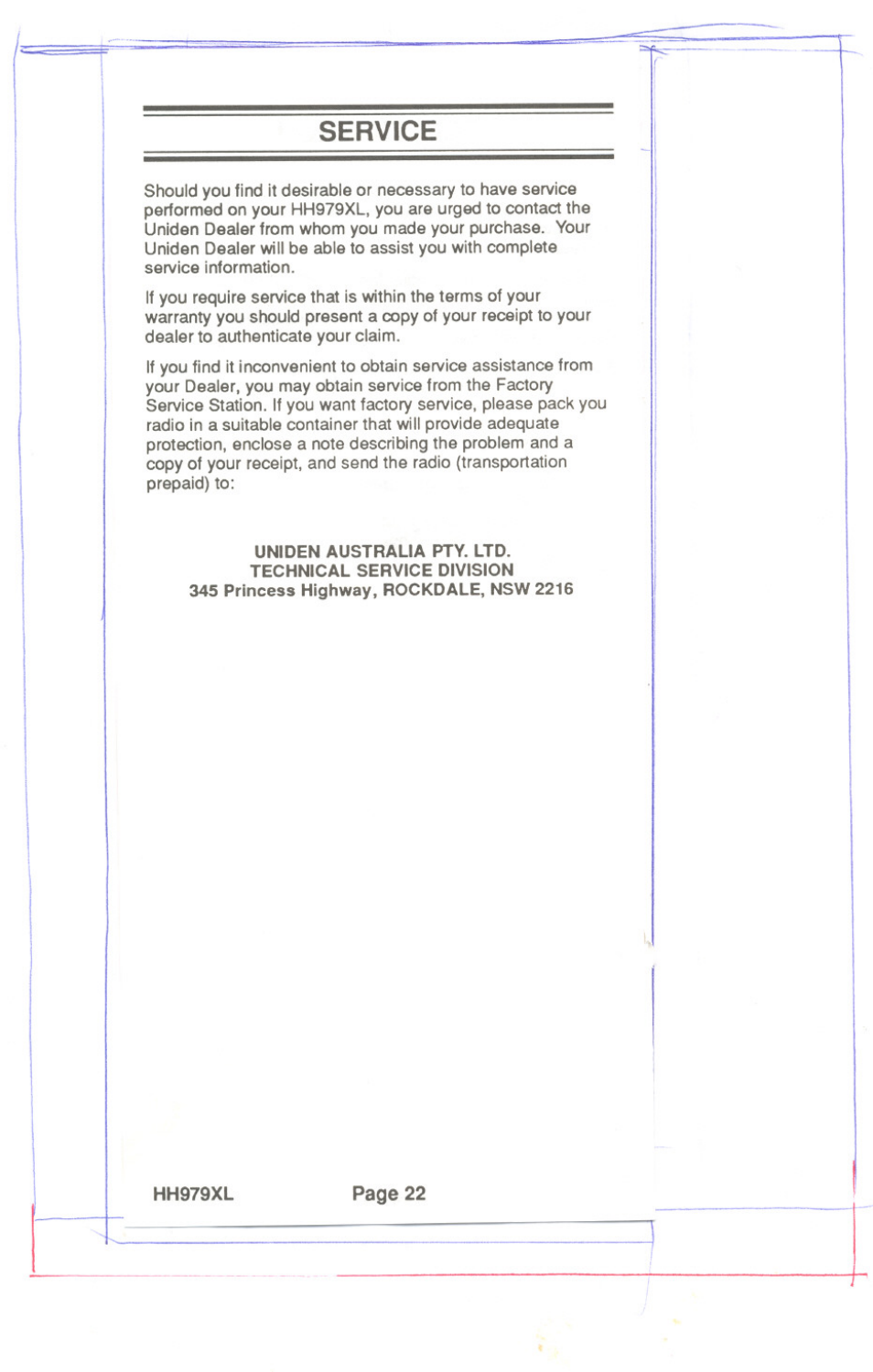 Service | Uniden HH979XL User Manual | Page 24 / 32