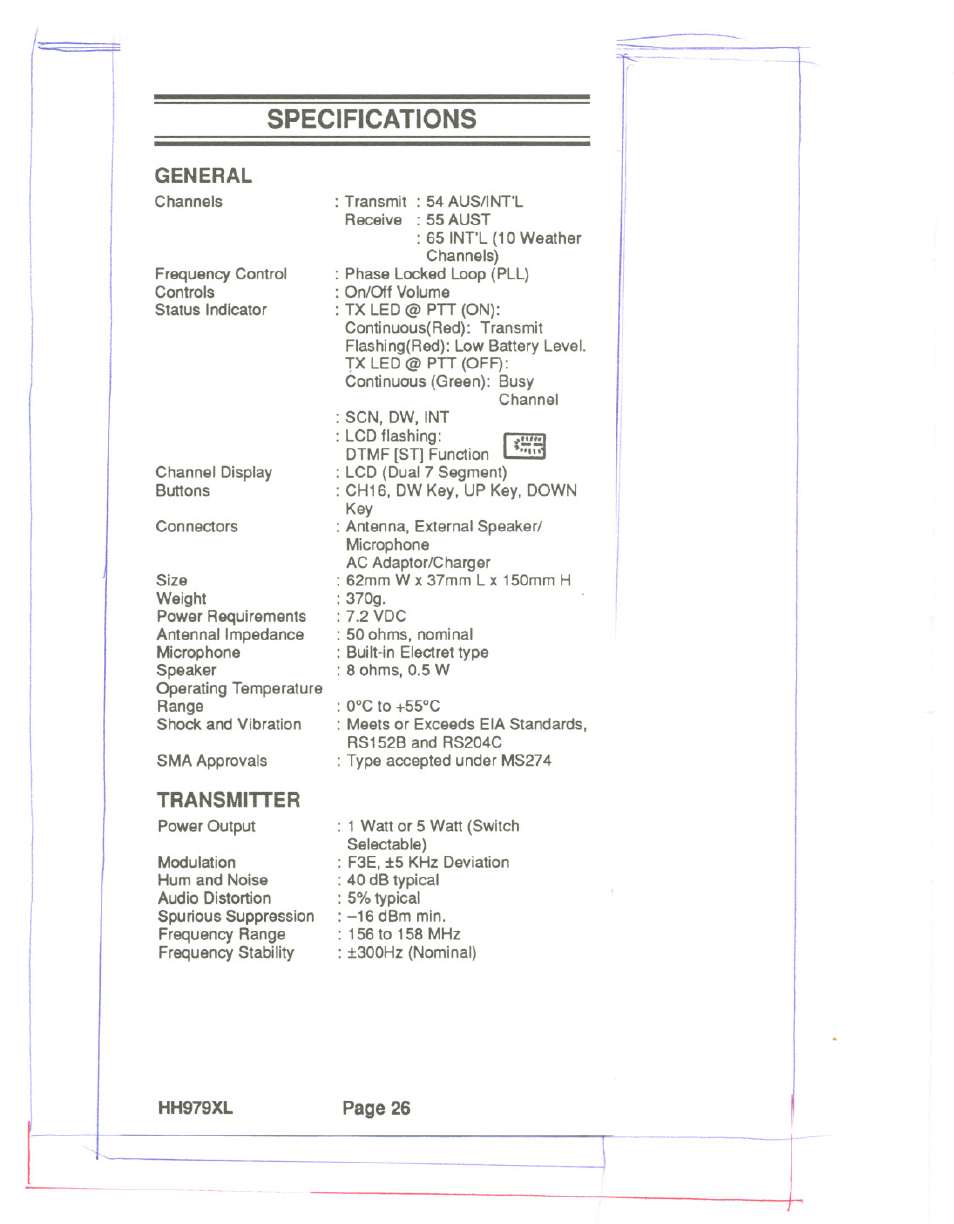 Specifications, General, Transmitter | Uniden HH979XL User Manual | Page 28 / 32