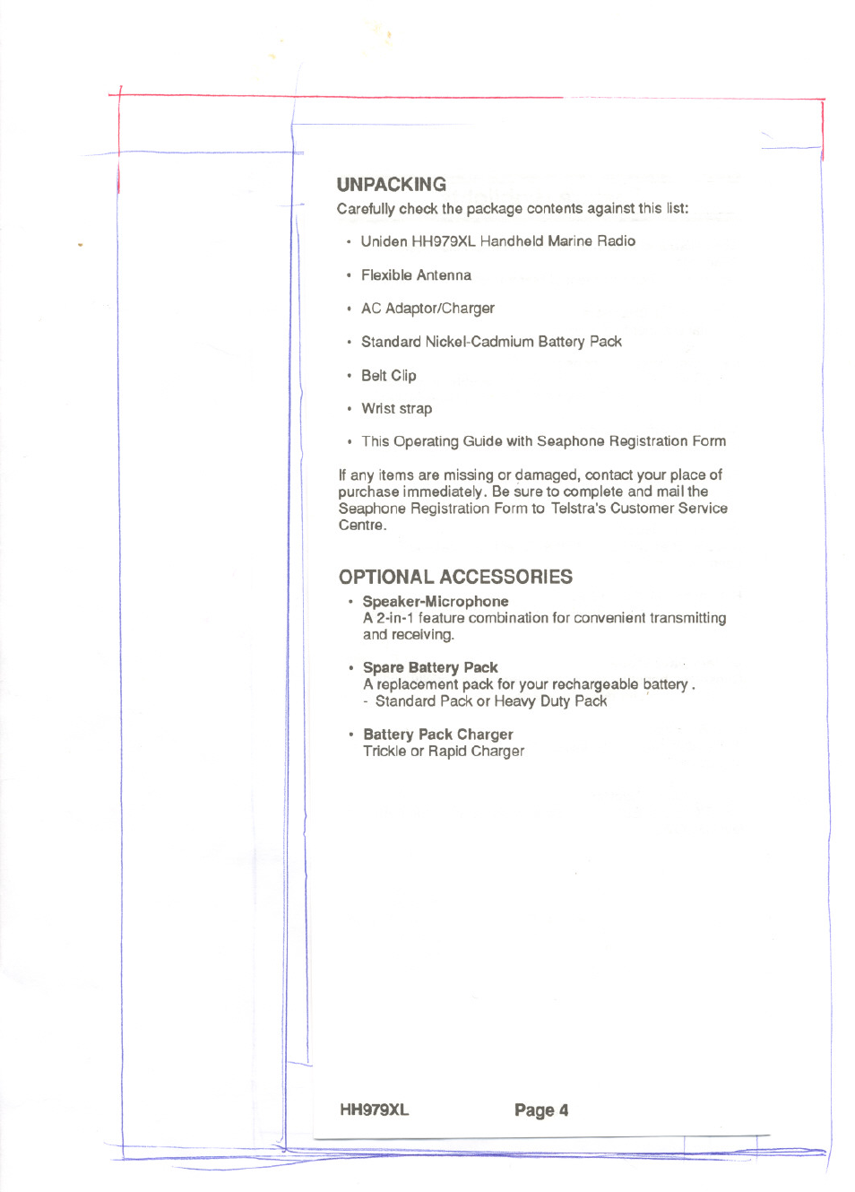 Unpacking, Optional accessories, Optiortai accessories | Uniden HH979XL User Manual | Page 6 / 32