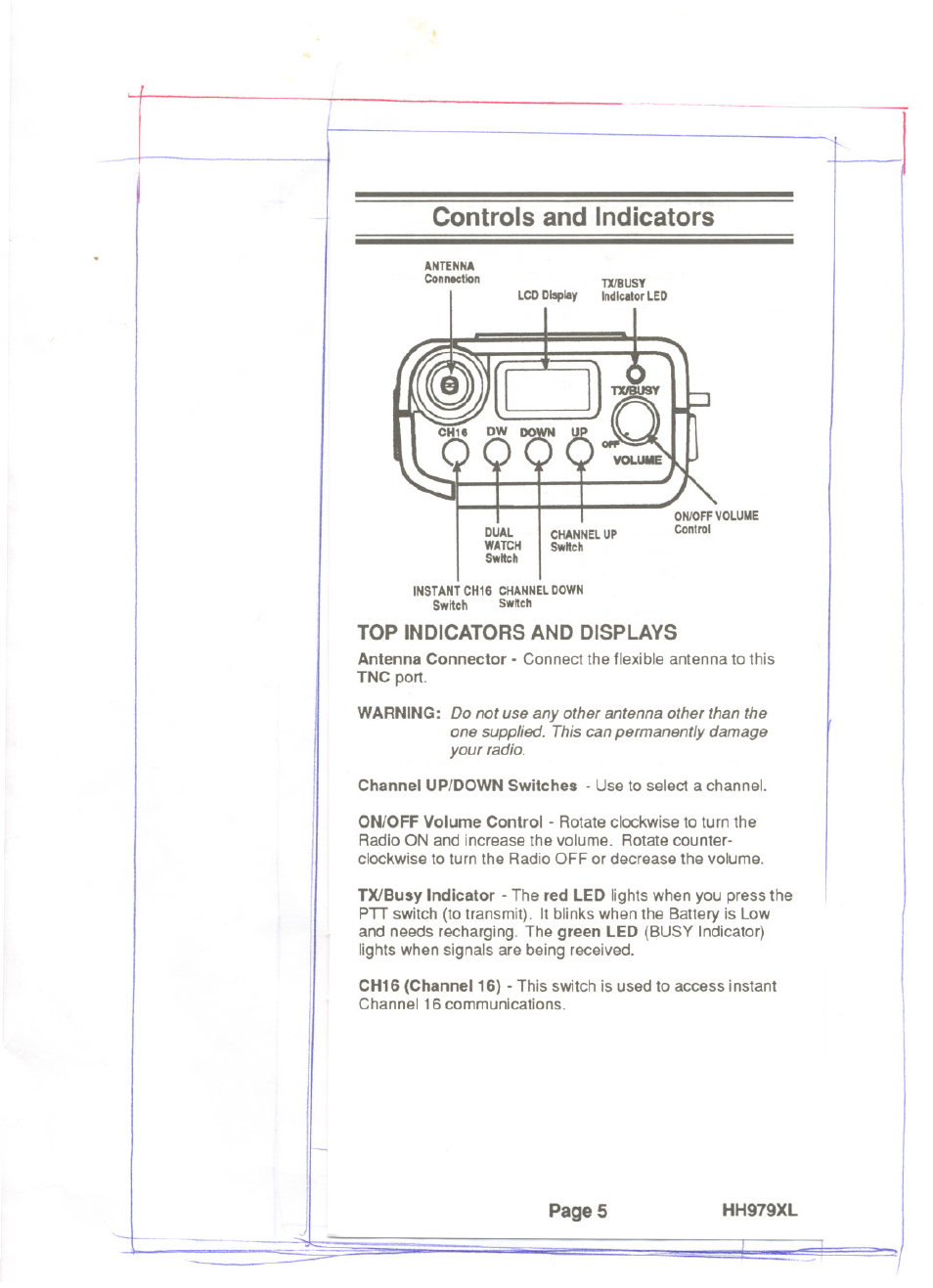Controls and indicators, Top indicators and displays, Top indicators ar>d dispiay | Uniden HH979XL User Manual | Page 7 / 32