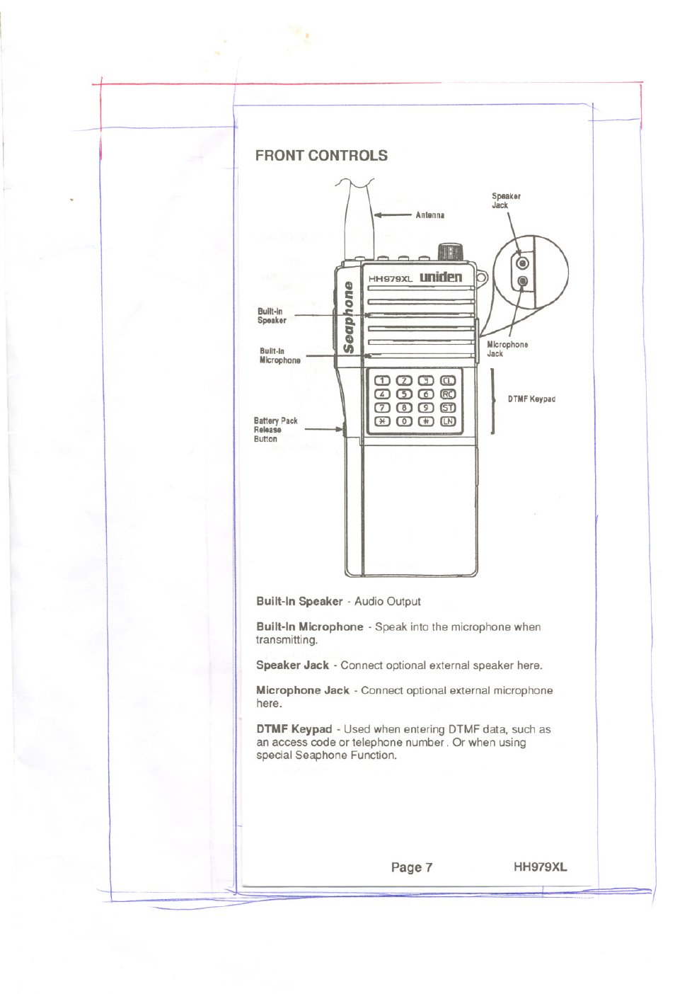 Front controls, Front controis | Uniden HH979XL User Manual | Page 9 / 32