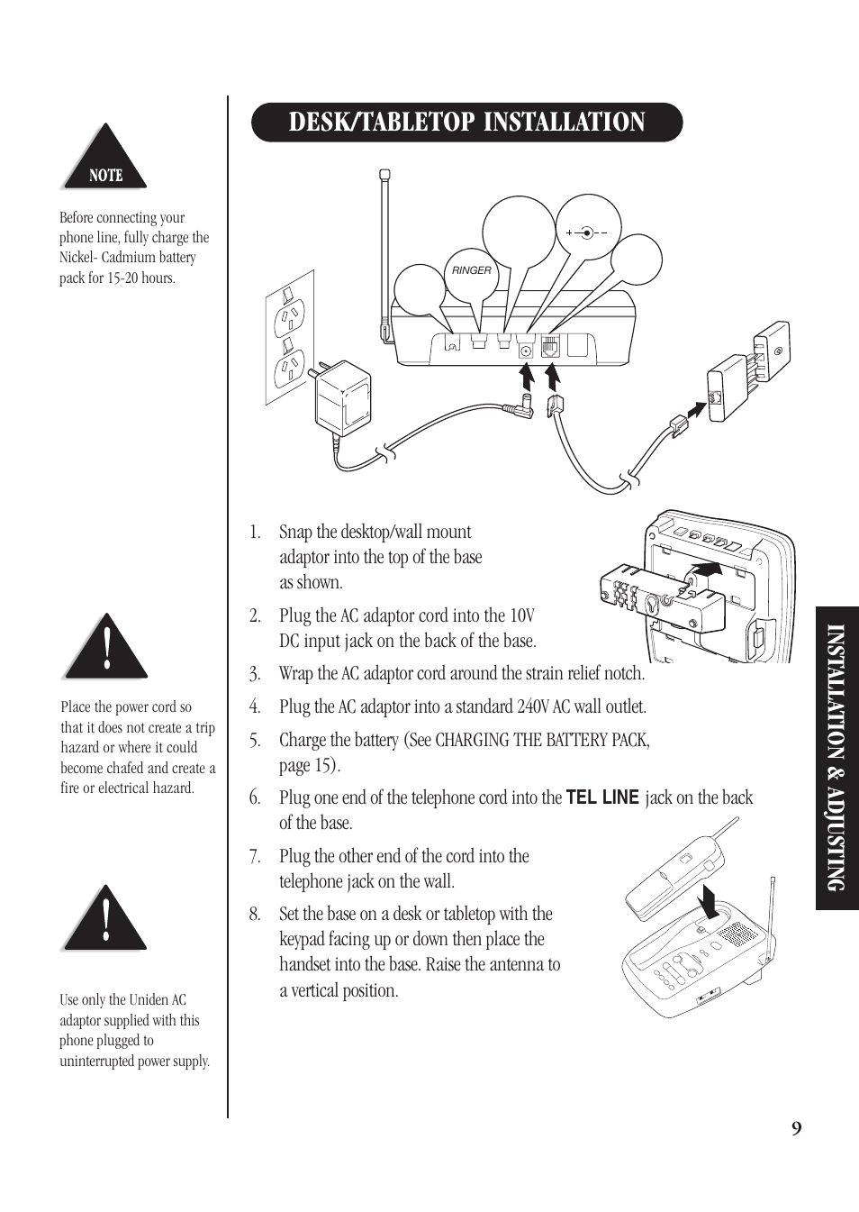 Desk/tabletop installation, Inst alla tion & adjusting | Uniden DGMax DGA940 User Manual | Page 12 / 42