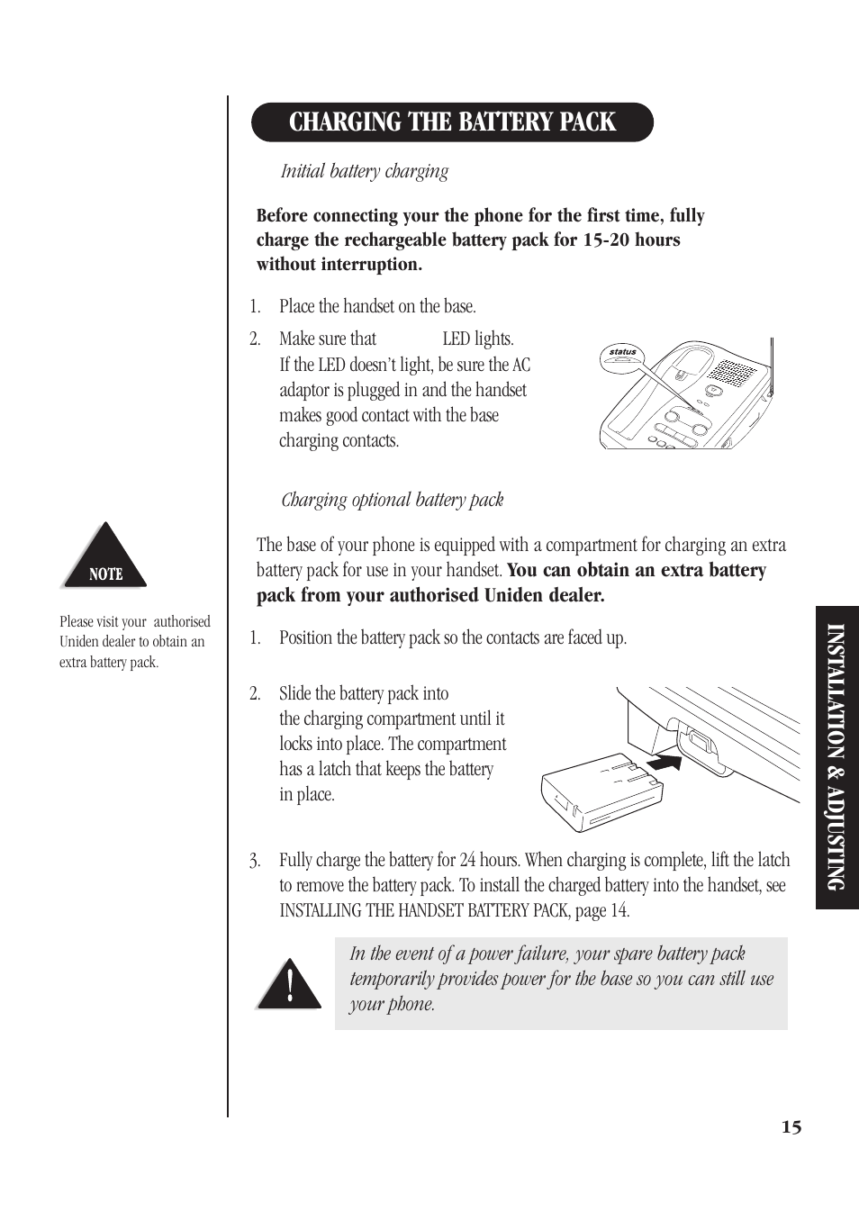 Charging the battery pack, Inst alla tion & adjusting | Uniden DGMax DGA940 User Manual | Page 18 / 42