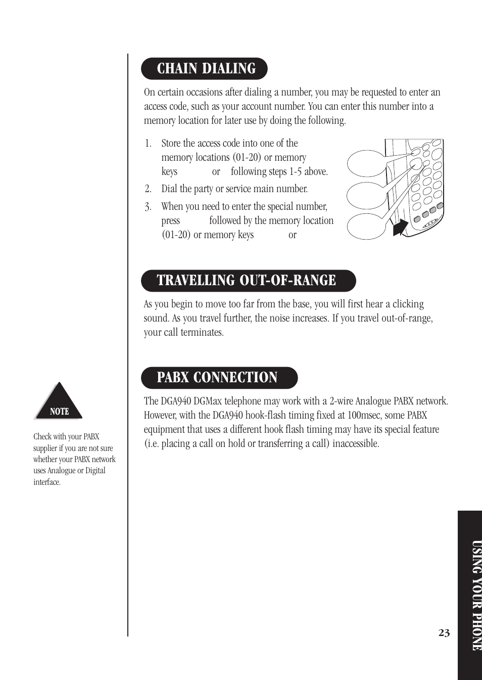 Pabx connection travelling out-of-range, Chain dialing, Using your phone | Uniden DGMax DGA940 User Manual | Page 26 / 42