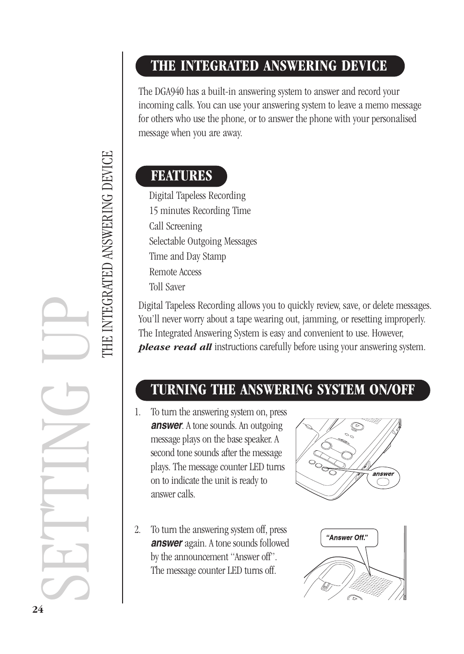 Setting up, The integra ted answering device | Uniden DGMax DGA940 User Manual | Page 27 / 42