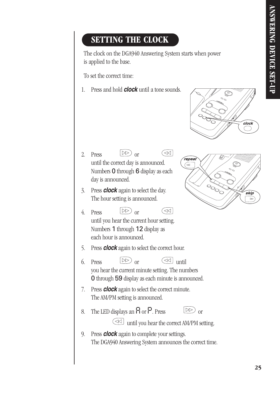 Setting the clock, Answering device set -up | Uniden DGMax DGA940 User Manual | Page 28 / 42