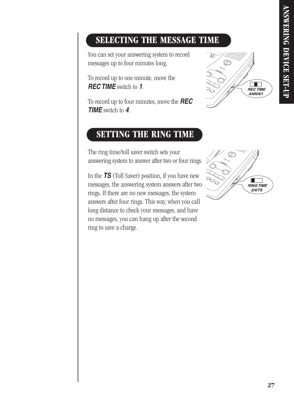 Selecting the message time setting the ring time | Uniden DGMax DGA940 User Manual | Page 30 / 42