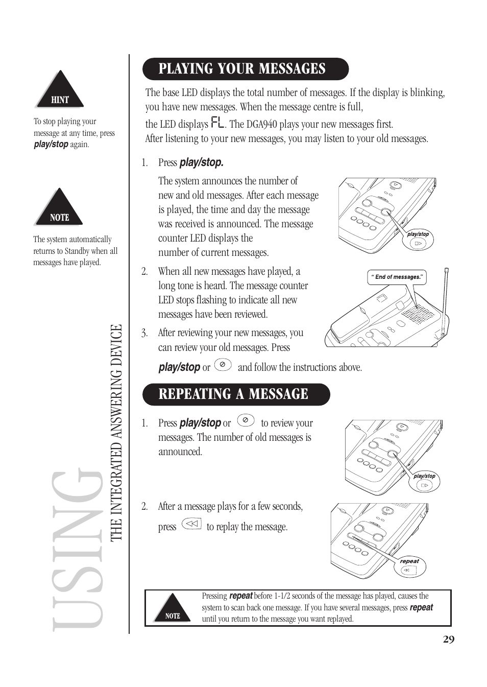 Using, Repeating a message playing your messages, The integra ted answering device | Uniden DGMax DGA940 User Manual | Page 32 / 42