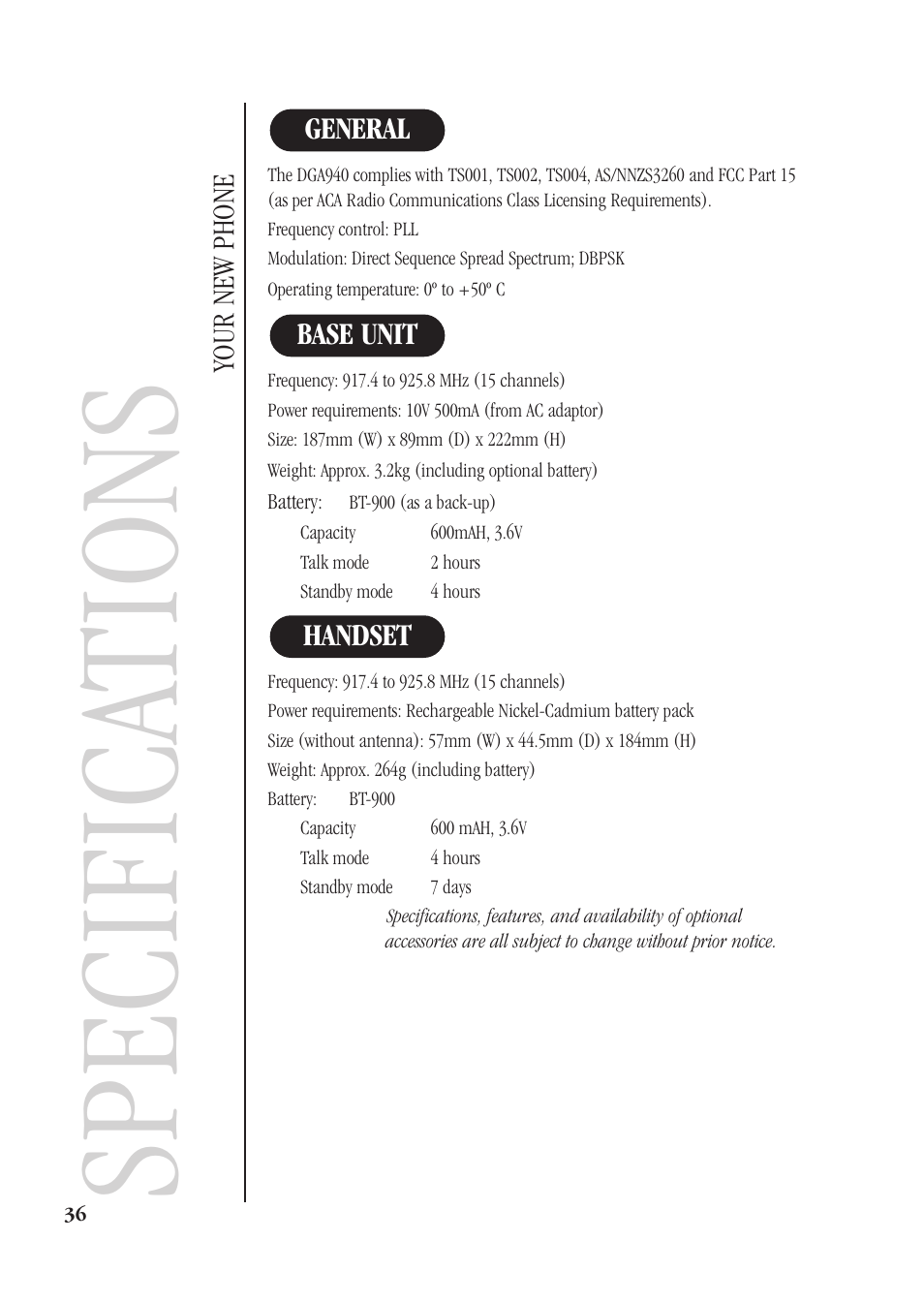 Specifica tions | Uniden DGMax DGA940 User Manual | Page 39 / 42