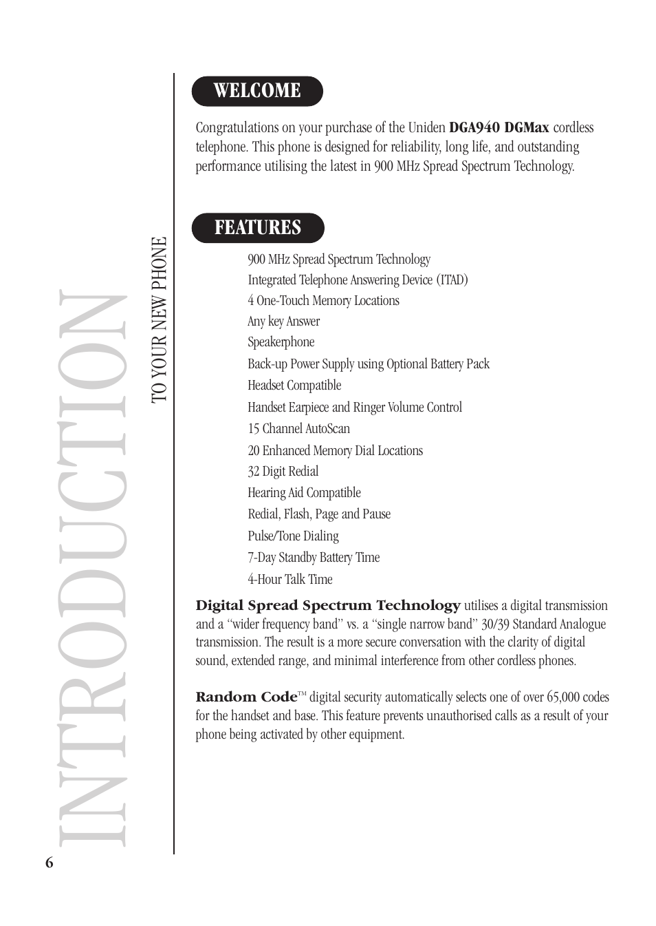 Introduction, Features welcome to your new phone | Uniden DGMax DGA940 User Manual | Page 9 / 42