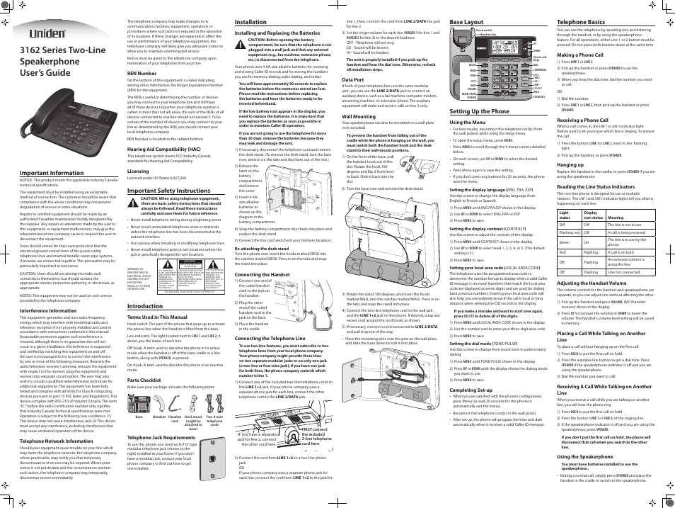 Uniden 3162 Series User Manual | 2 pages