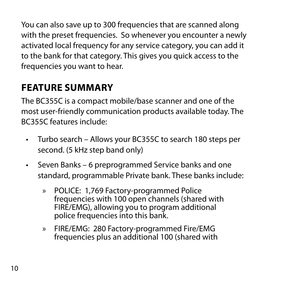 Feature summary | Uniden BC355C User Manual | Page 10 / 68