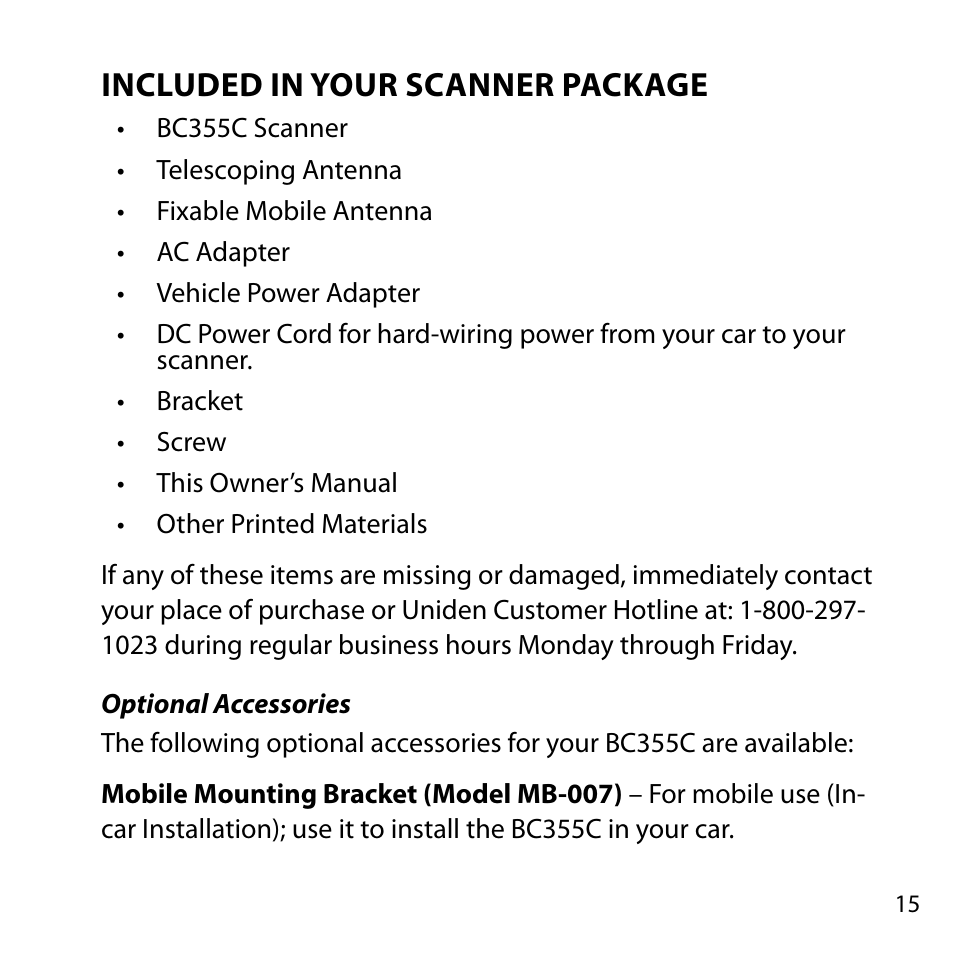 Included in your scanner package, Optional accessories | Uniden BC355C User Manual | Page 15 / 68