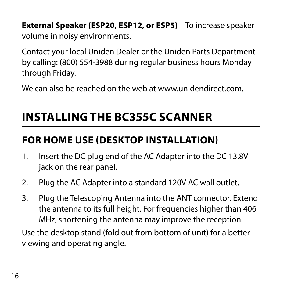 Installing the bc355c scanner, For home use (desktop installation) | Uniden BC355C User Manual | Page 16 / 68