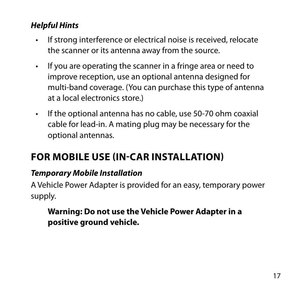 Helpful hints, For mobile use (in-car installation), Temporary mobile installation | Uniden BC355C User Manual | Page 17 / 68