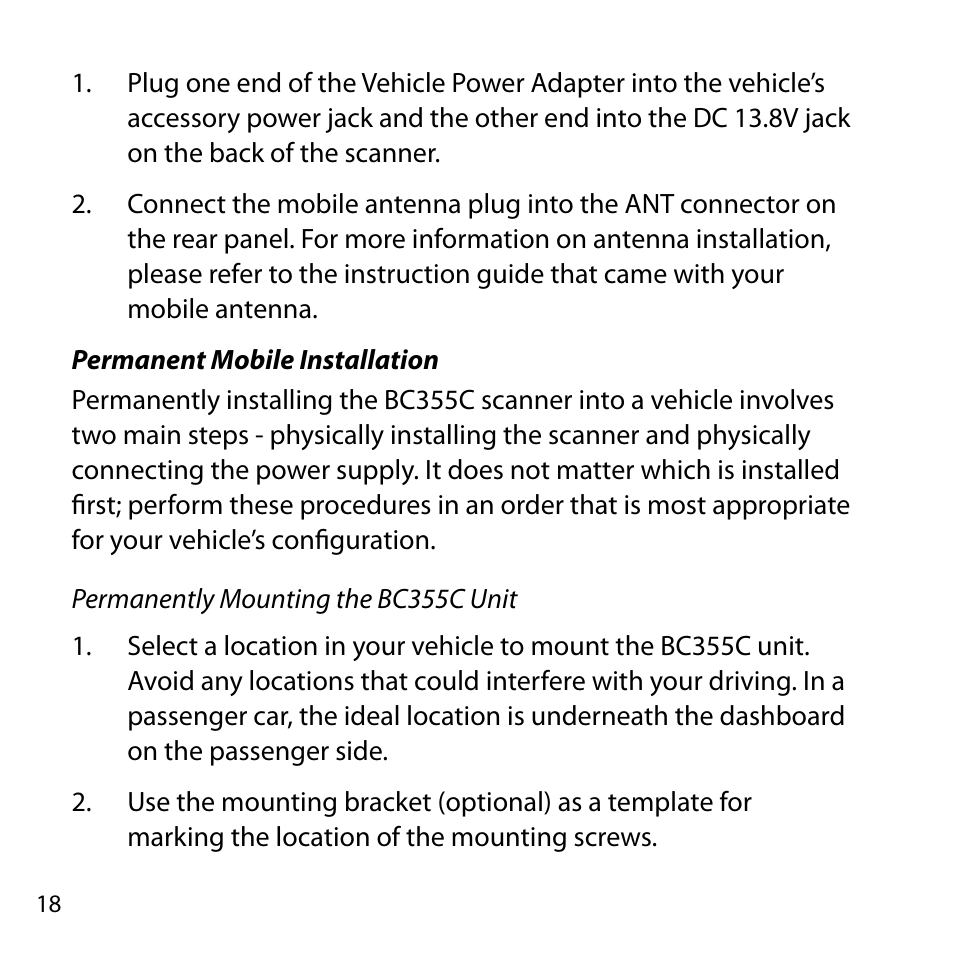 Permanent mobile installation, Permanently mounting the bc355c unit | Uniden BC355C User Manual | Page 18 / 68