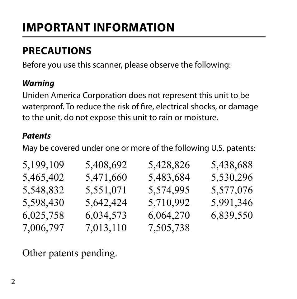 Important information, Precautions, Warning | Patents | Uniden BC355C User Manual | Page 2 / 68