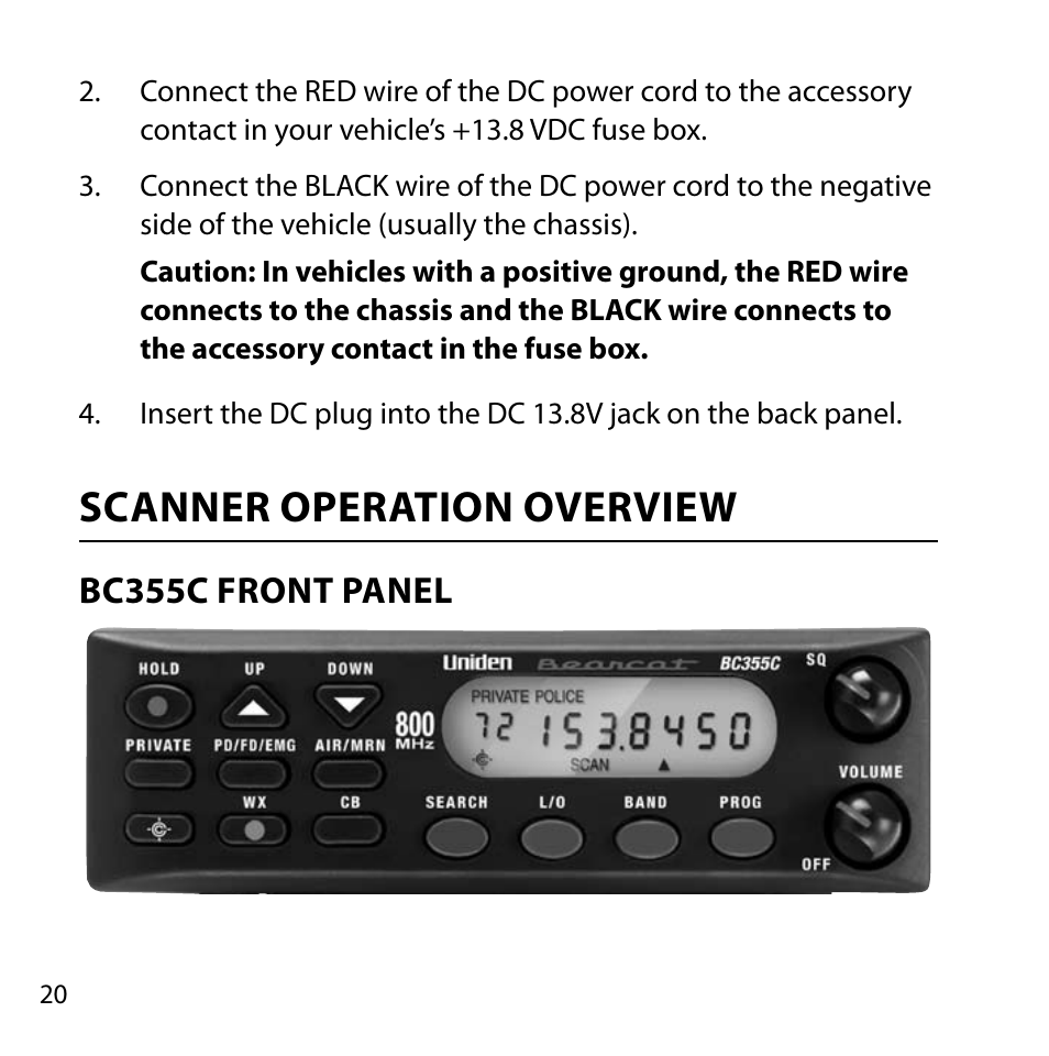 Scanner operation overview, Bc355c front panel | Uniden BC355C User Manual | Page 20 / 68