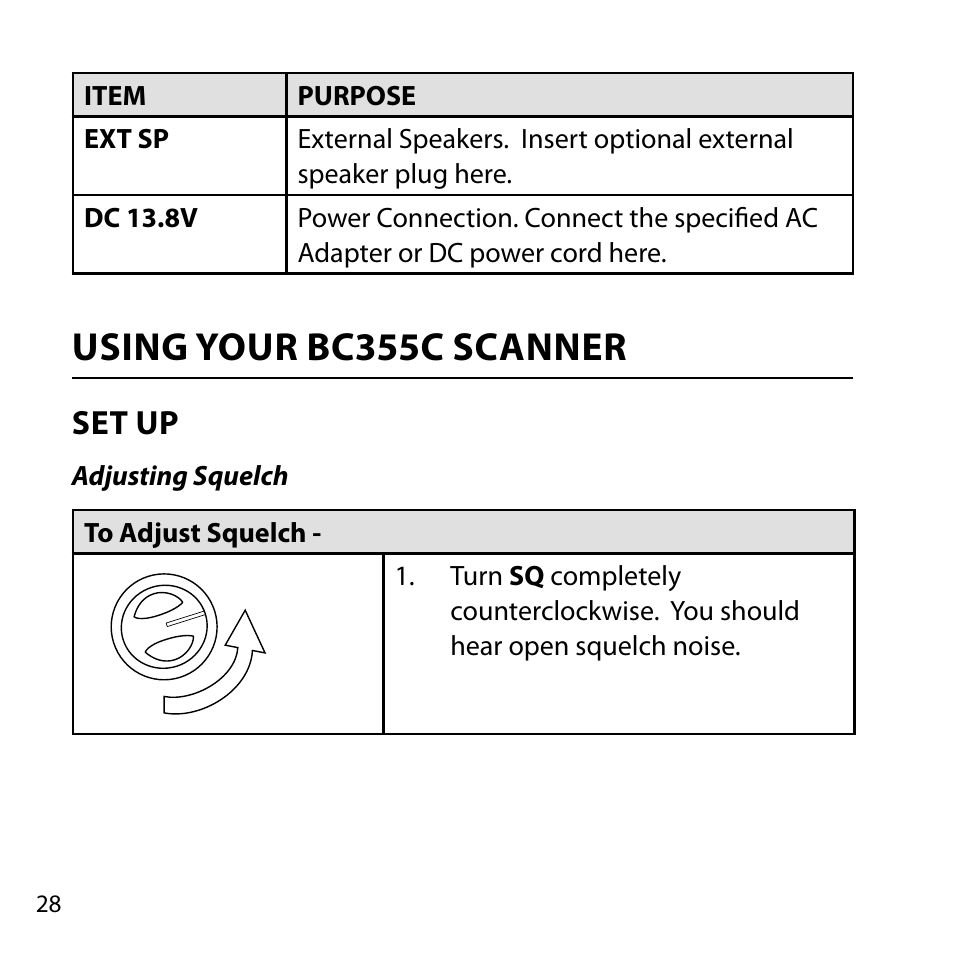 Using your bc355c scanner, Set up, Adjusting squelch | Uniden BC355C User Manual | Page 28 / 68