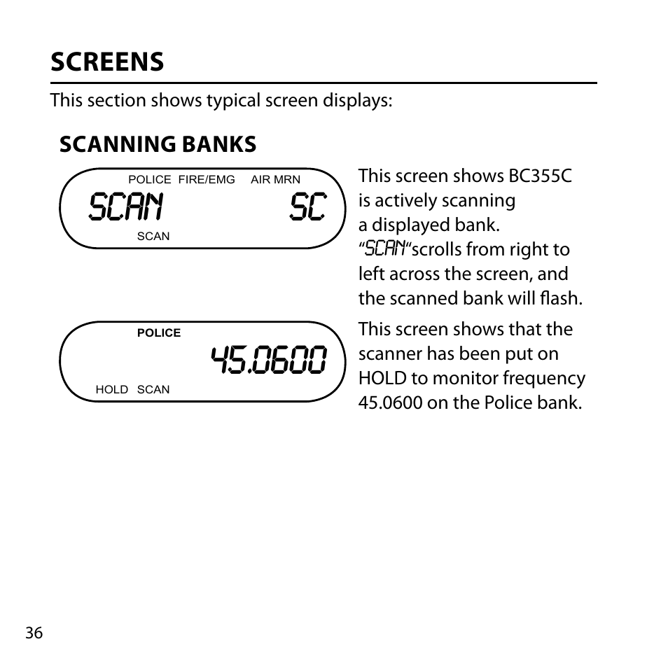 Screens, Scanning banks, Scan sc | Uniden BC355C User Manual | Page 36 / 68