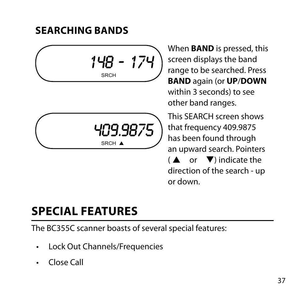 Searching bands, Special features | Uniden BC355C User Manual | Page 37 / 68