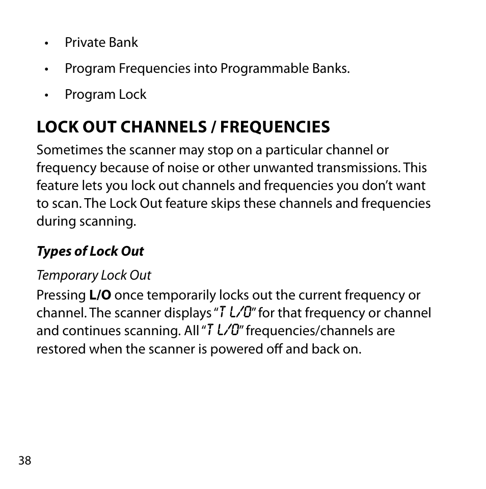 Lock out channels / frequencies, Types of lock out, Temporary lock out | Uniden BC355C User Manual | Page 38 / 68