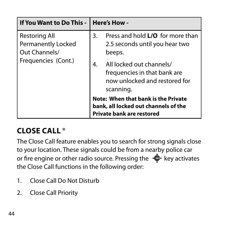 Close call | Uniden BC355C User Manual | Page 44 / 68