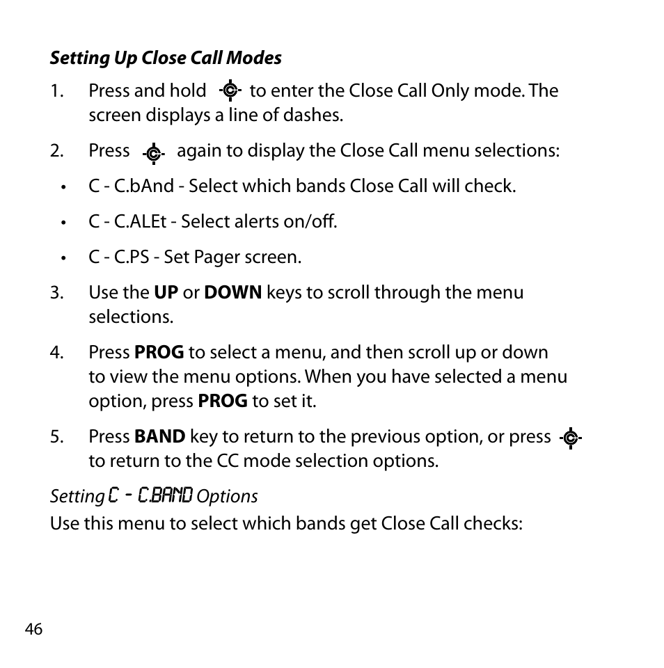 Setting up close call modes, Setting c ‐ c.band options | Uniden BC355C User Manual | Page 46 / 68