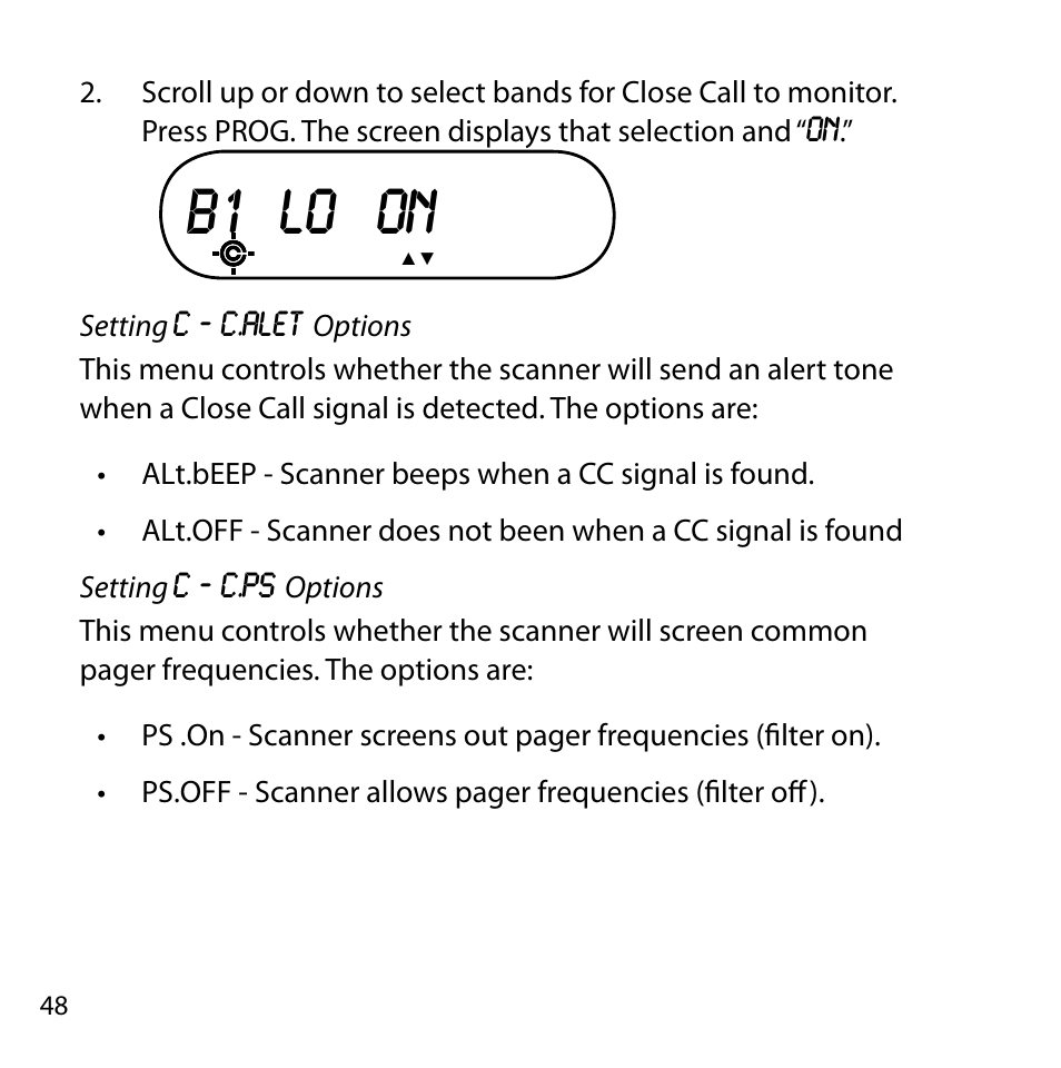 Setting c ‐ c.alet options, Setting c ‐ c.ps options, B1 lo on | Uniden BC355C User Manual | Page 48 / 68