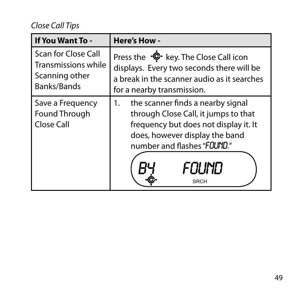 Close call tips, B4 found | Uniden BC355C User Manual | Page 49 / 68