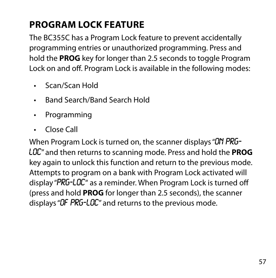 Program lock feature | Uniden BC355C User Manual | Page 57 / 68