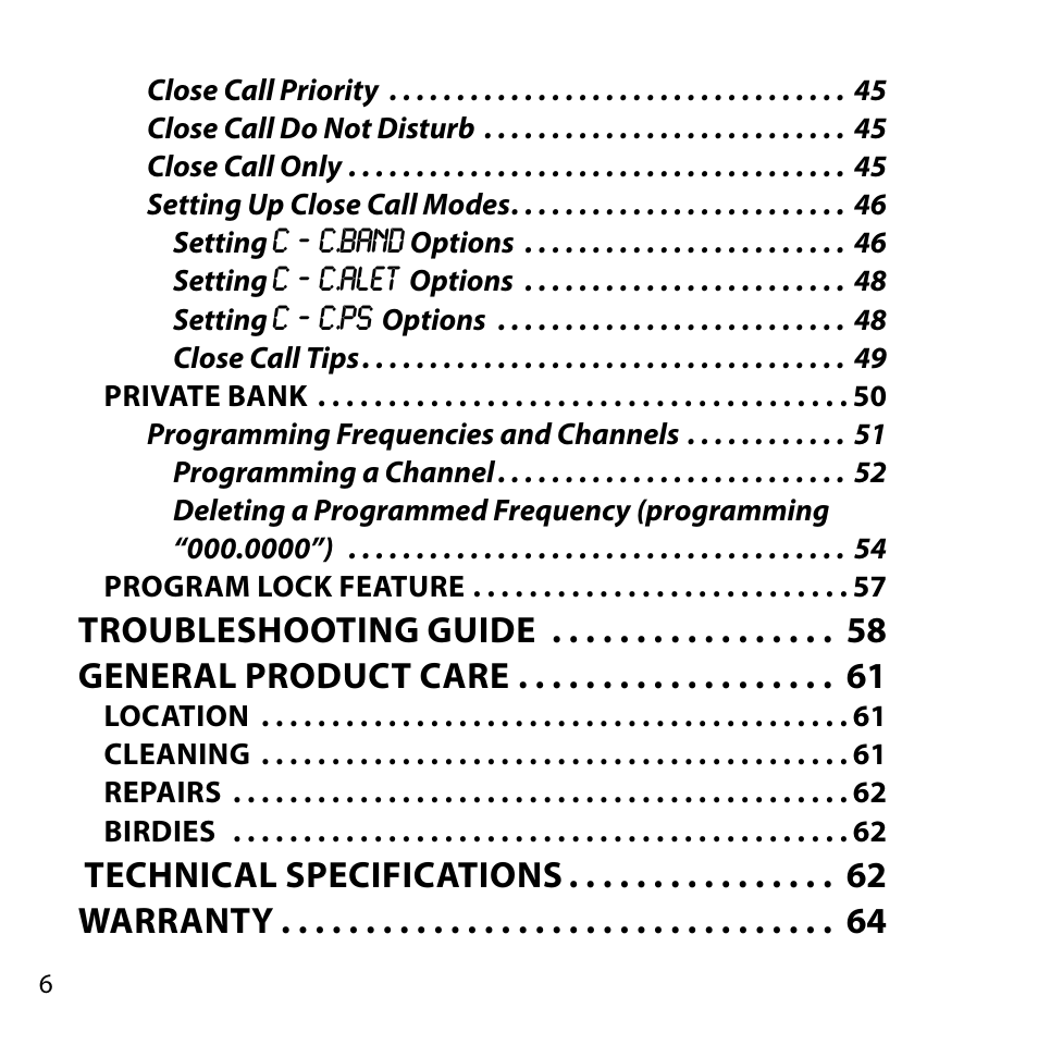 Troubleshooting guide general product care, Technical specifications warranty | Uniden BC355C User Manual | Page 6 / 68